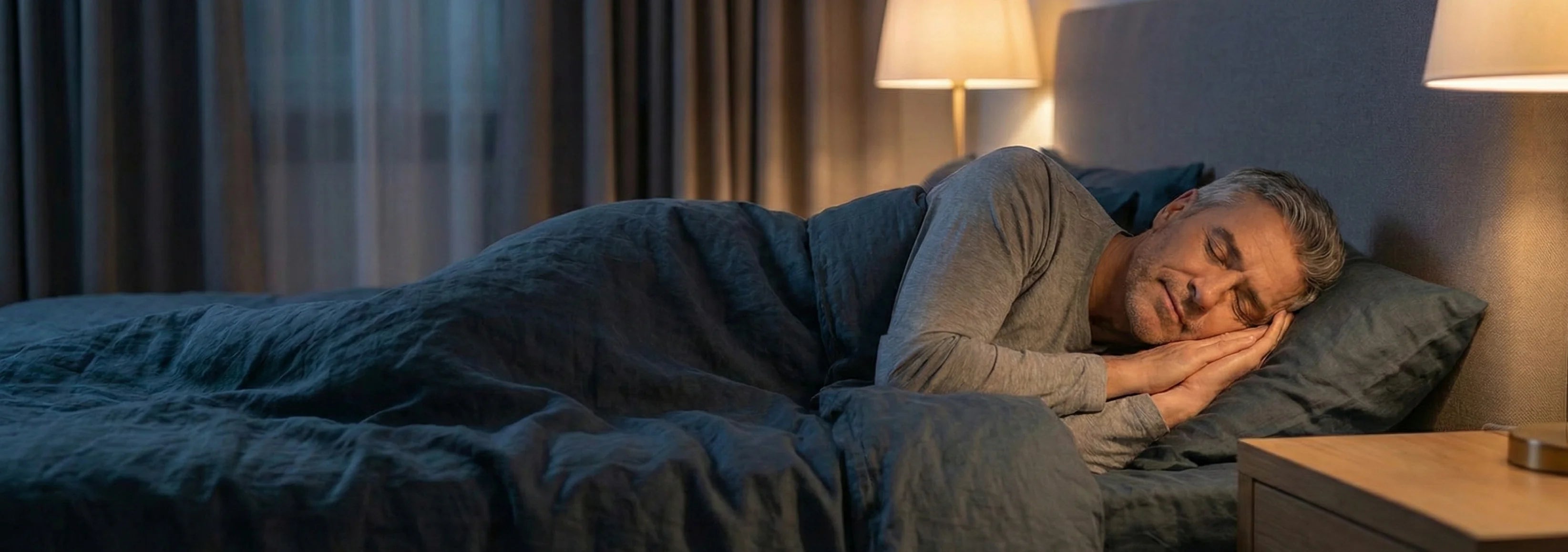 Person sleeping in a bed with gray bedding in a dimly lit room.
