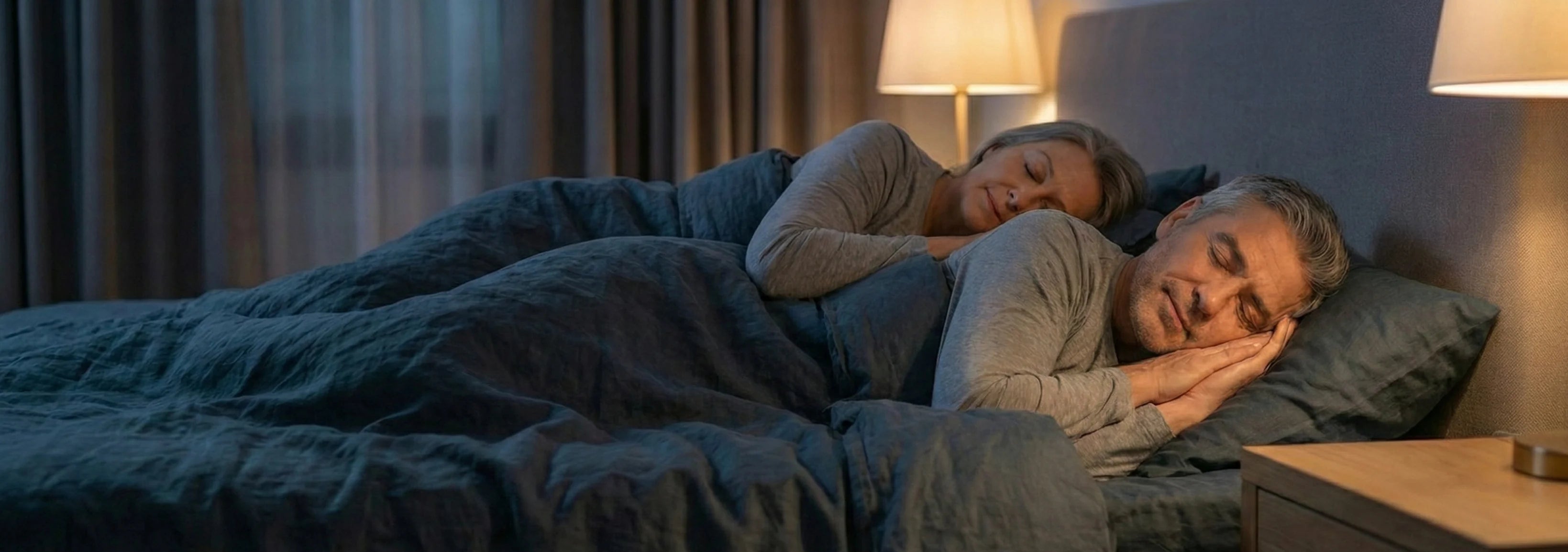 Two people lying in bed under a blanket in a dimly lit room.