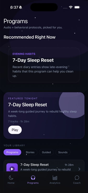 Sonopeace mobile app sleep programs screen