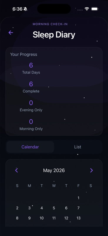 Sonopeace sleep diary — morning check-in and progress calendar