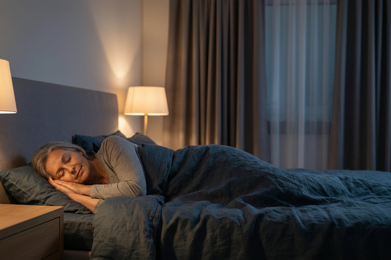 Woman sleeping in a bed with gray bedding in a dimly lit room.