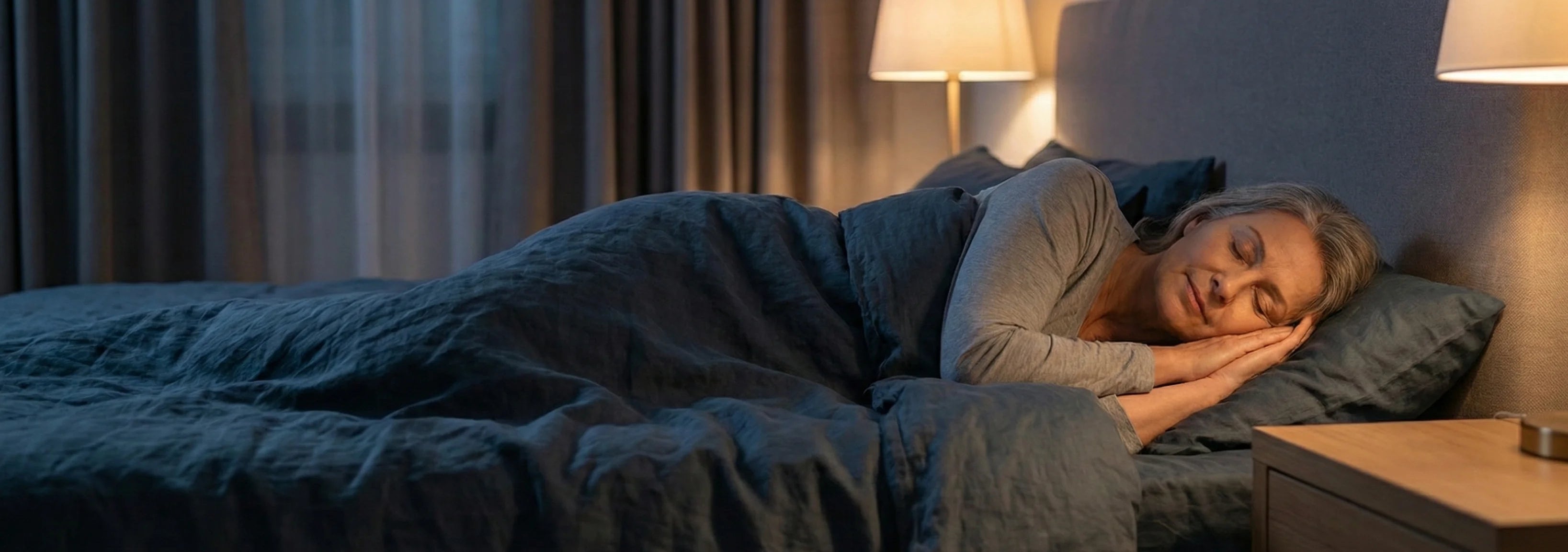 Woman sleeping in a bed with gray bedding in a dimly lit room.