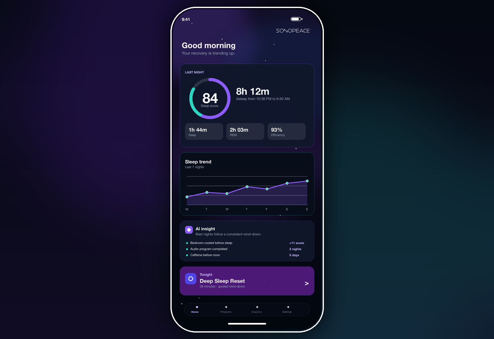 Sonopeace mobile app sleep dashboard preview