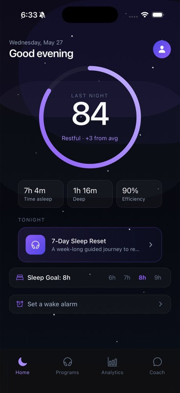 Sonopeace app — sleep dashboard showing last night's score and tonight's recommendation